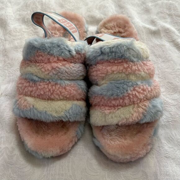 UGG Fluff Yeah Slides Pastel Furry Pink Blue White - Picture 2 of 11
